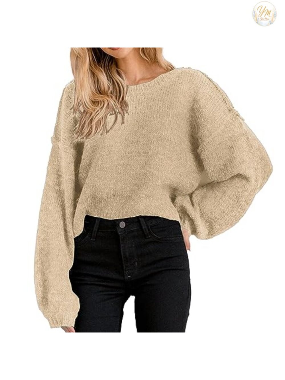 Oversized Cropped Sweater Crewneck Long Sleeve Pullover Acrylic Blend